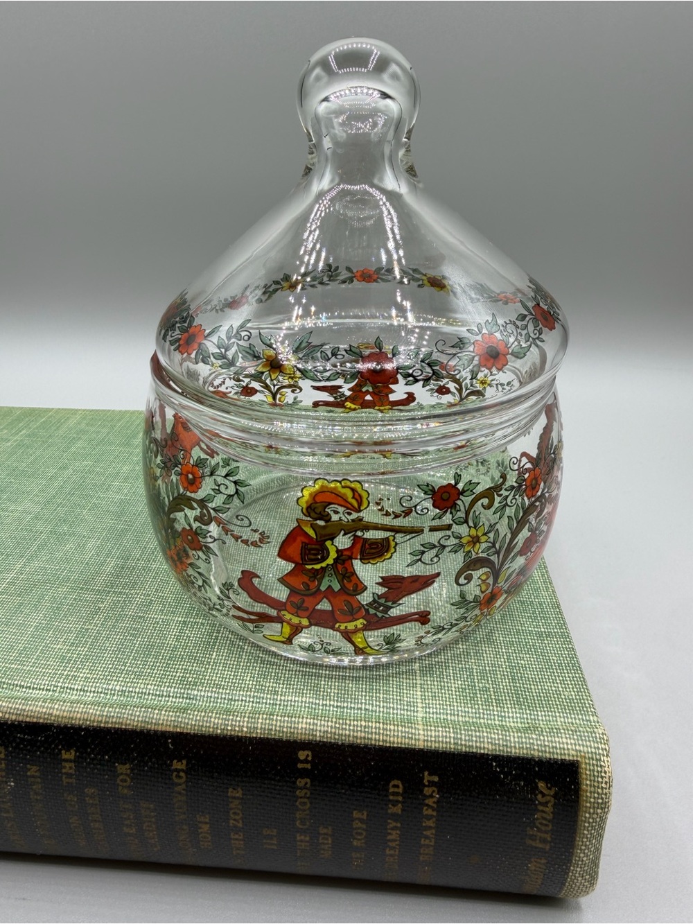 Hand-Painted Glass Jar with Red Floral and Fo Hunting Design